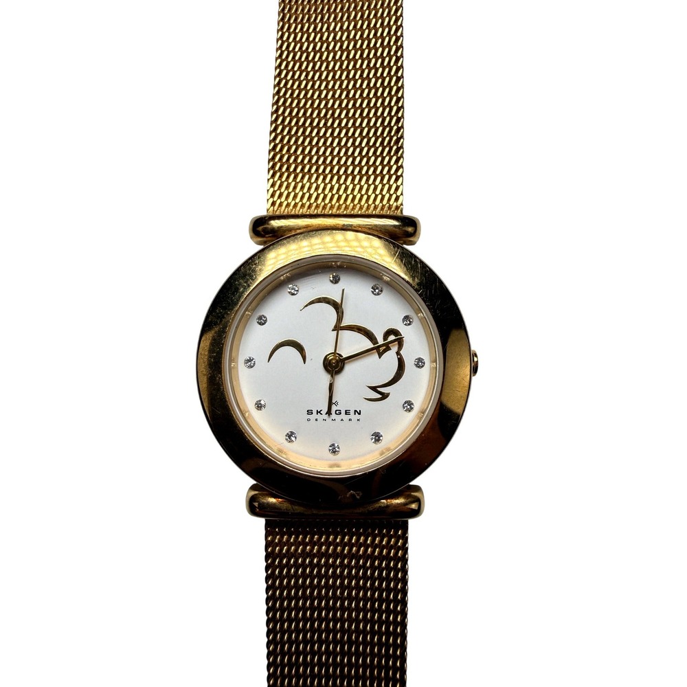 Skagen Denmark Disney Mickey Mouse Gold Mesh Watch Crystal Dial Needs Battery